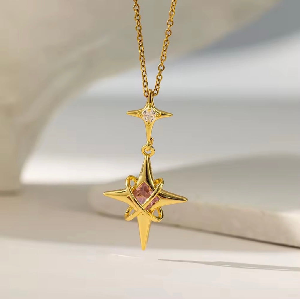 Anti Tarnish Pink Stone Shooting Star Necklace