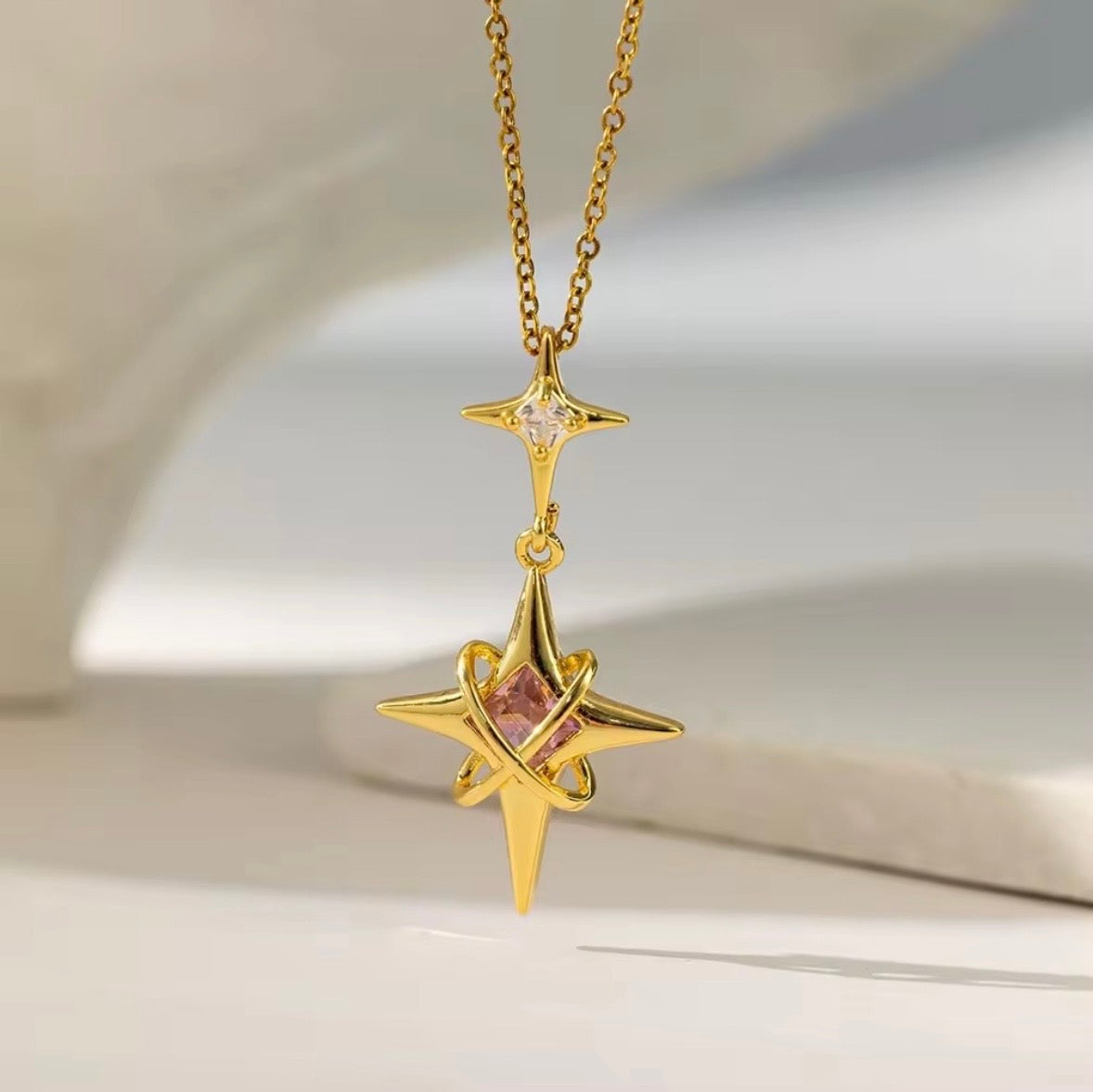 Anti Tarnish Pink Stone Shooting Star Necklace