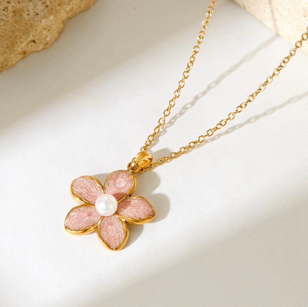 Anti Tarnish Pink Flower Necklace