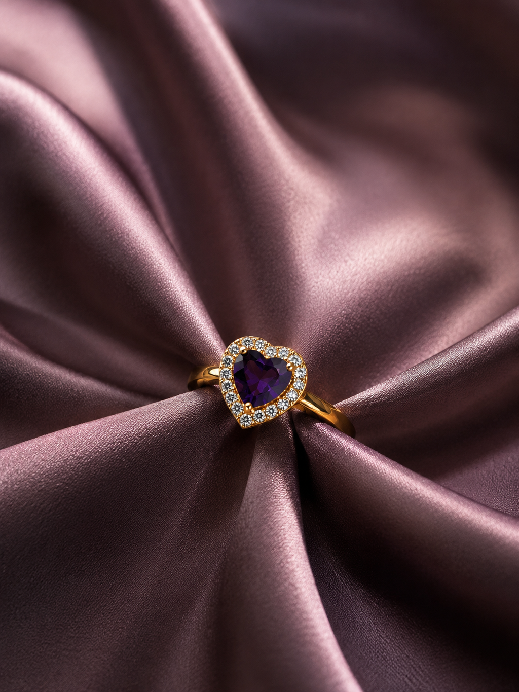 Amethyst Halo Heart Adjustable Ring