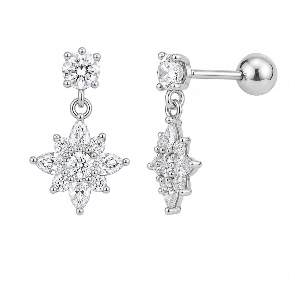 CZ Star Flower Drop Earrings — Ball Back Stud