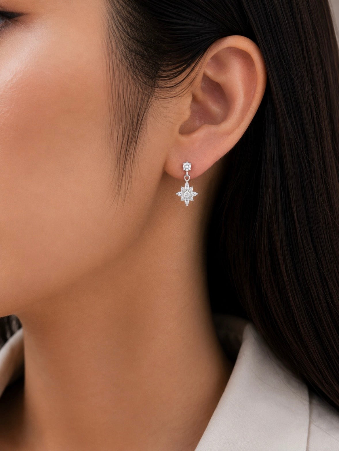 CZ Star Flower Drop Earrings — Ball Back Stud