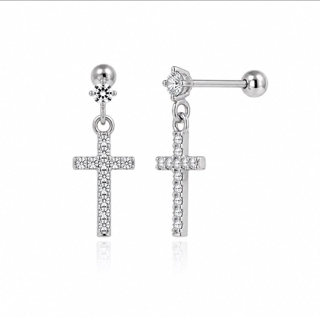CZ Cross Drop Earrings — Ball Back Stud