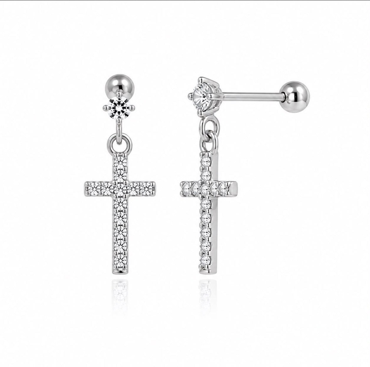 CZ Cross Drop Earrings — Ball Back Stud