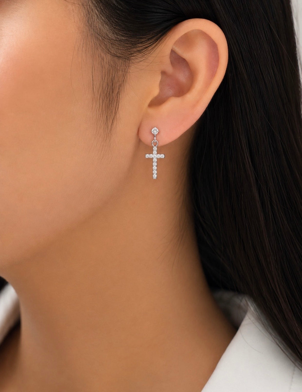 CZ Cross Drop Earrings — Ball Back Stud